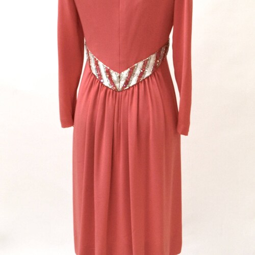 90s Vintage shops Sequin Dress by BOB MACKIE Evening Size Medium Large Coral Pink// Vintage Pink Coral Dress Beaded Sequin Dress Long sleeves
