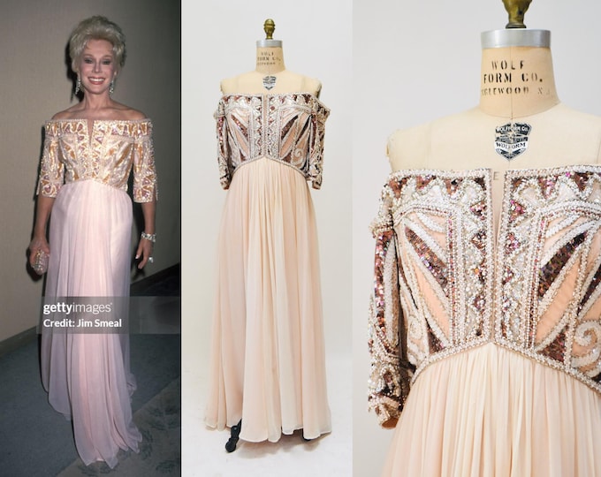 Vintage Bob Mackie Dress Wedding Gown Blush Beige Cream Silk Beaded