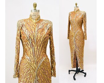 80s 90s Vintage Gold Tan Beaded Sequin Gown Dress van Bob Mackie Gold Long Sleeve Sequin Gown BoB Mackie Cher Sequin Dress XS Small