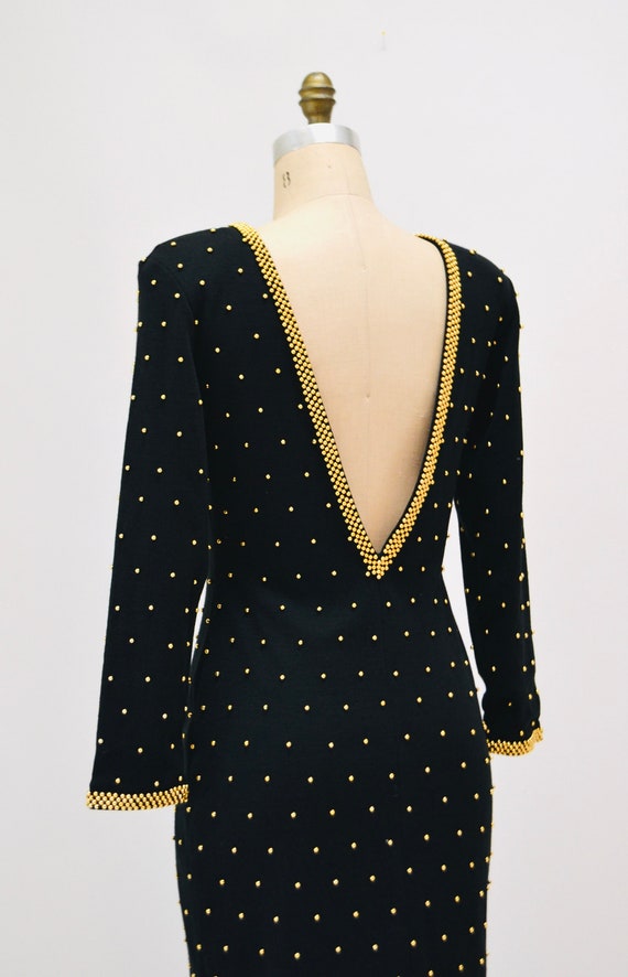 80s 90s Vintage Black Beaded Dress Gold Metallic … - image 3