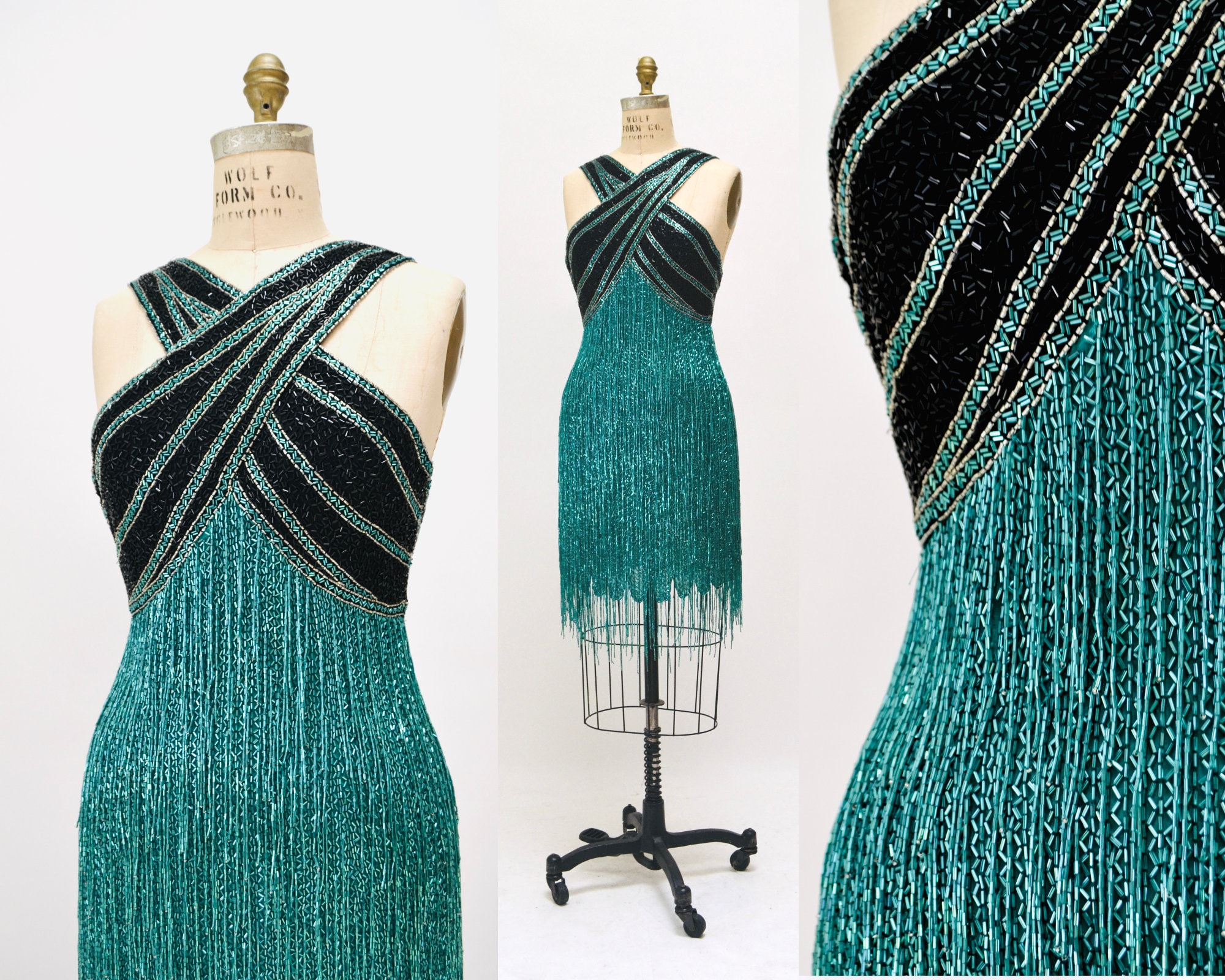 80s Vintage Bob Mackie Blue Green Beaded Fringe Dress