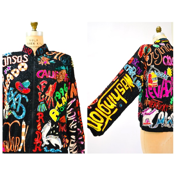 80s 90s Pop Art Vintage Sequin Jacket Black with … - image 10