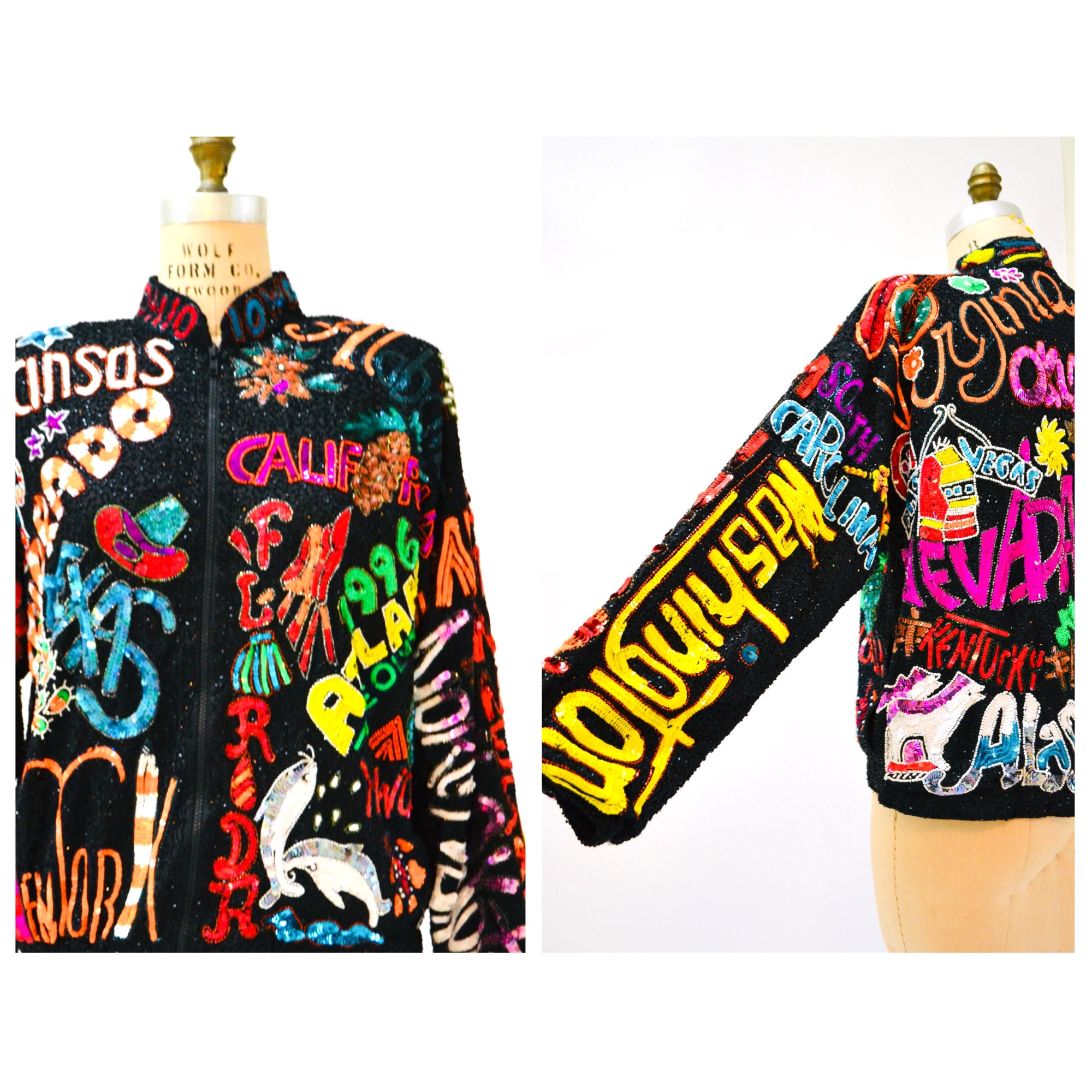 80s 90s Pop Art Vintage Sequin Jacket Black with STATES // Vintage