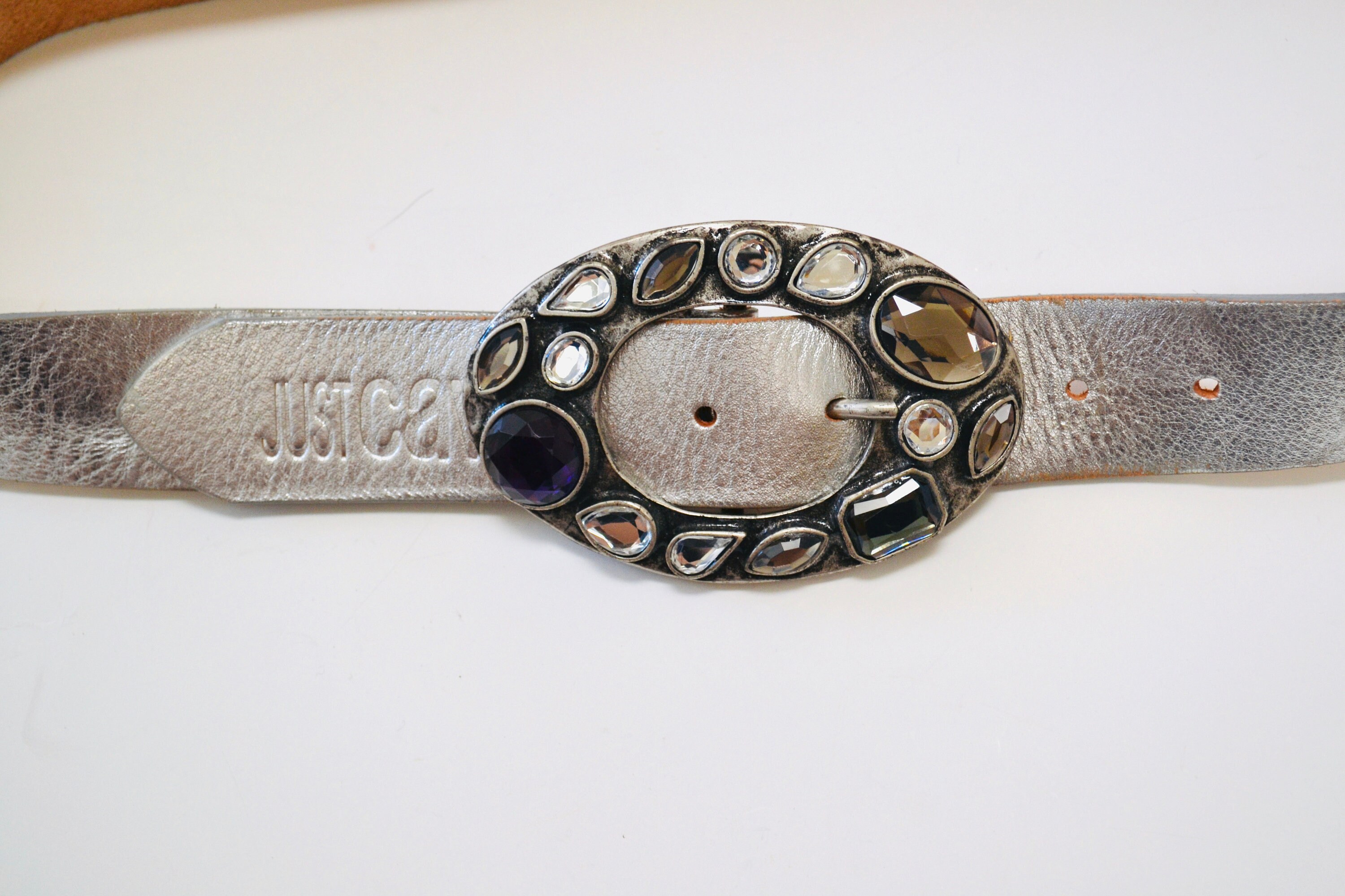 Y2K 2000s Just Cavalli Silver Leather Belt Rhinestone