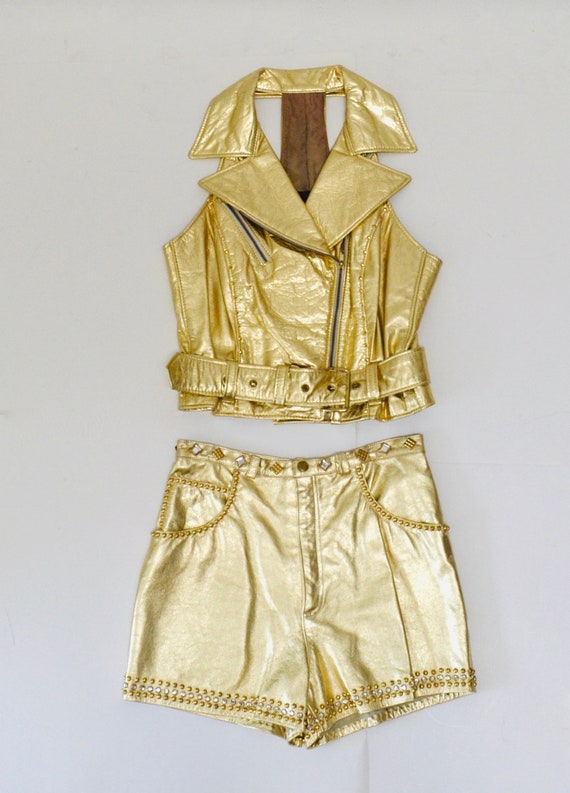 Amazing Vintage Studded Gold Leather Vest Size Me… - image 2