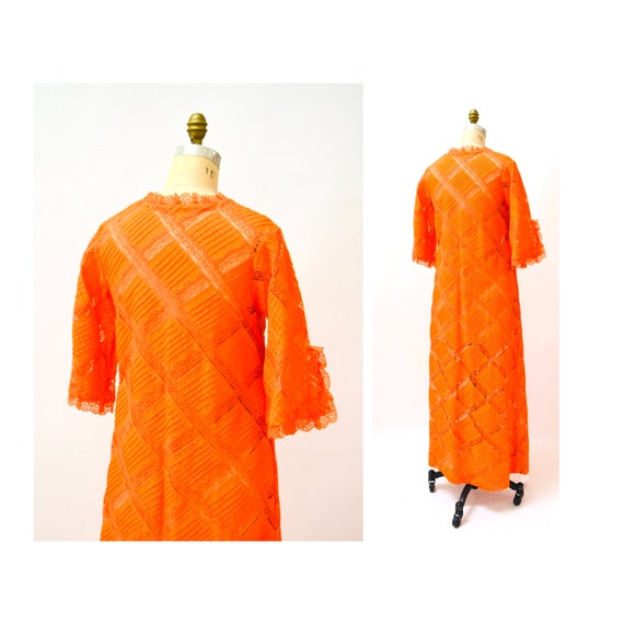 70s Vintage Orange Dress Lace Patchwork House Dre… - image 2