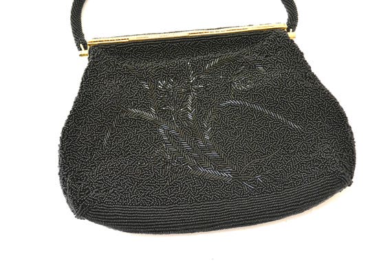 40s 50s Vintage Black Beaded handbag Purse  Glass… - image 2