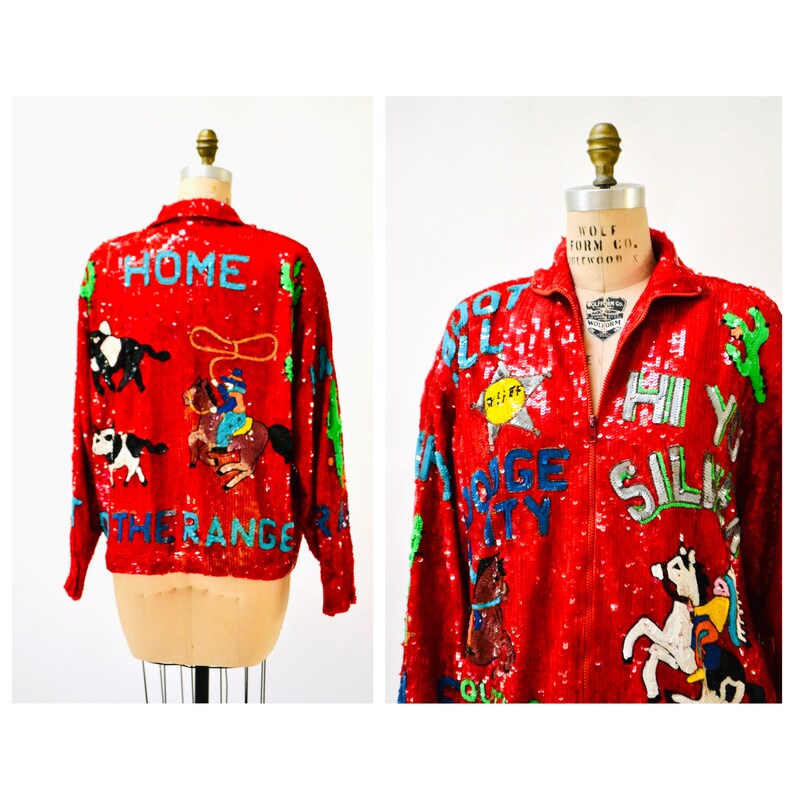 80s Vintage Red Sequin Jacket Horses Cowboys Native American Jacket Modi XL Plus Size Sequin Jacket// Vintage Sequin Jacket Rodeo Western image 3