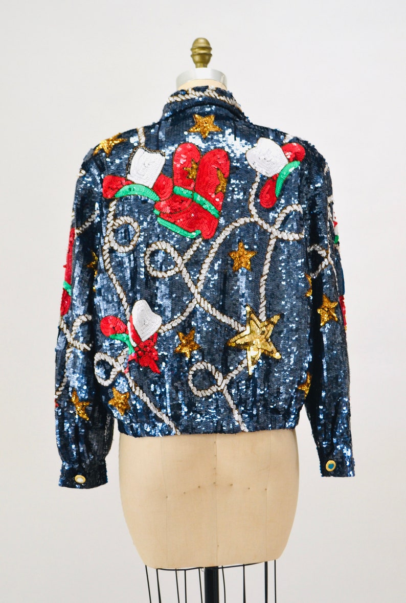 80s 90s Vintage Sequin Jacket Large Blue Metallic Gold Stars Rodeo Rhinestone Cowboy Cowgirl Sequin Jacket USA America Stars Rodeo Modi image 7