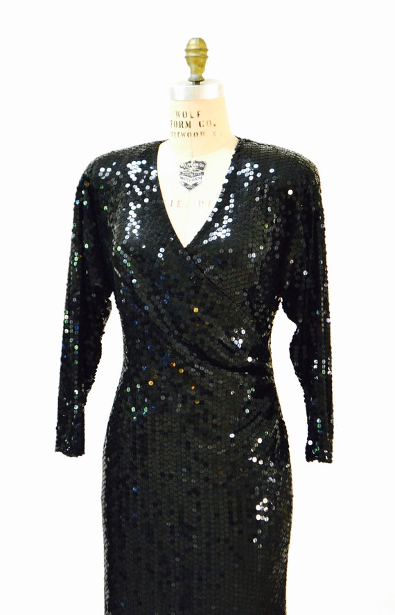 80s 90s Vintage Black Sequin Dress Wrap Dress Med… - image 3