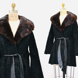 Vintage Black Persian Lamb Mink Fur Collar Coat Jacket Black Brown Broadtail leather Belted Jacket Trench Small Medium By Galleries Furs image 1