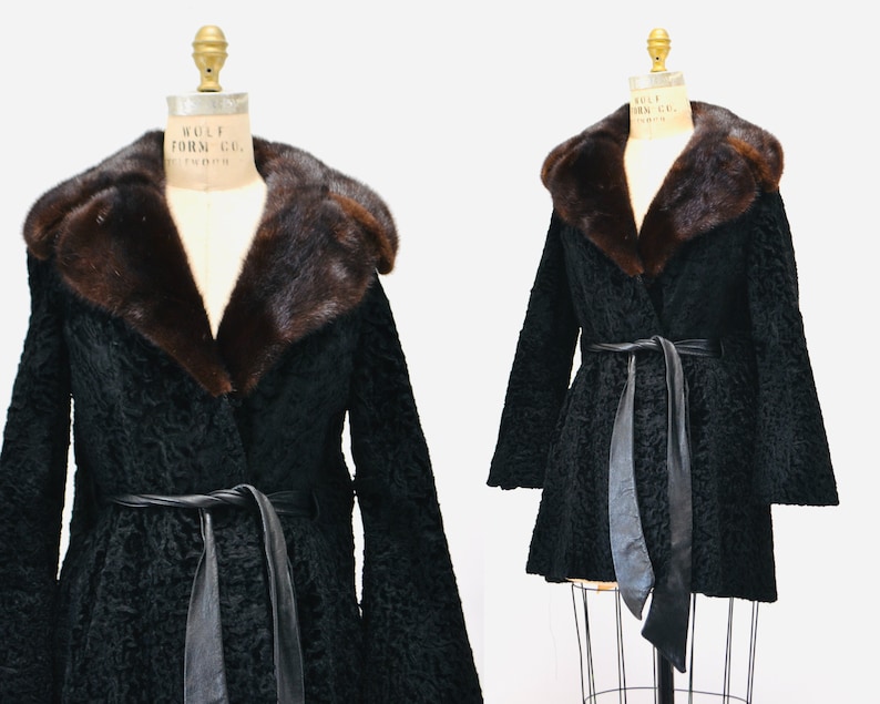 Vintage Black Persian Lamb Mink Fur Collar Coat Jacket Black Brown Broadtail leather Belted Jacket Trench Small Medium By Galleries Furs image 1