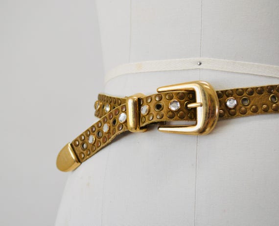 90s 2000s Vintage Gold Rhinestone Belt Brown Leat… - image 3