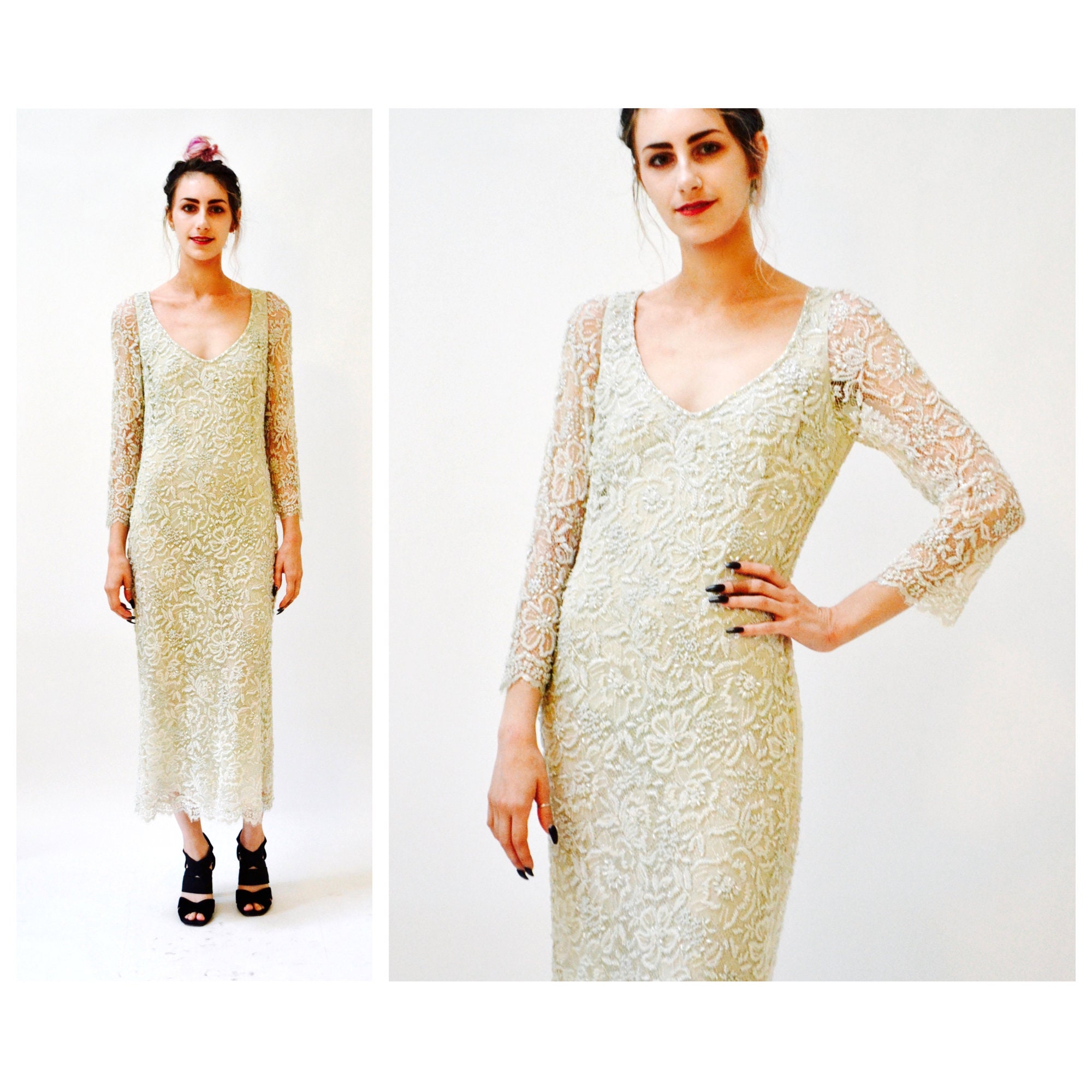 Vintage Cream Lace Sequin Beaded Gown Dress Size Small Medium By Badgley Mischka // Wedding