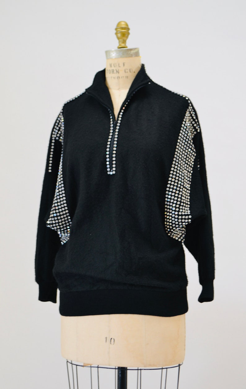 80s 90s Glam Black Sweater Top Vintage Black Rhinestone Sweater Jumper Pull over 80s Rhinestone Party Sweater Dolman Sleeves Small Medium image 3