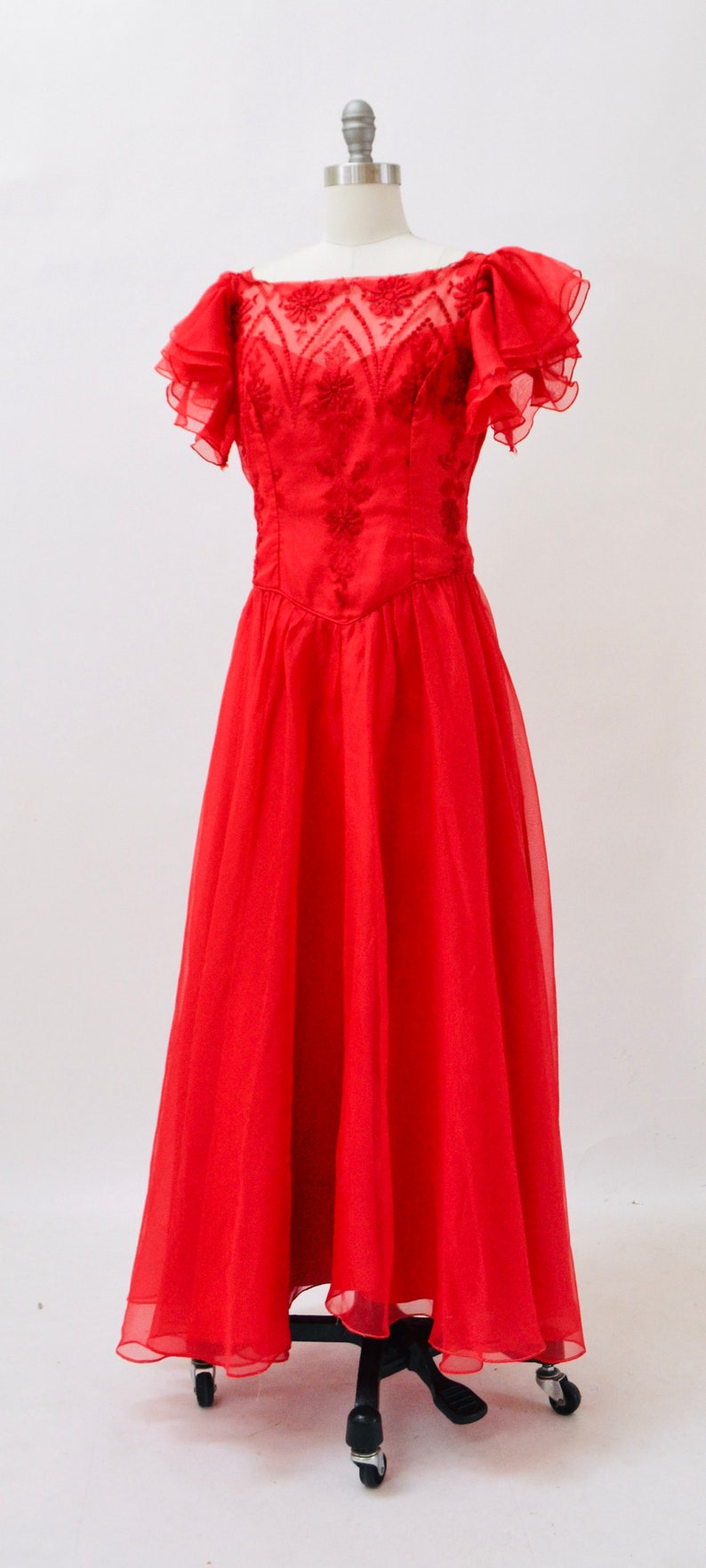 Vintage 70s Prom Dress Size Small Medium Red embroidered Ruffle Dress// 70s 80s Bridesmaid Dress Red Boho Prairie Southern Bell Dress image 2