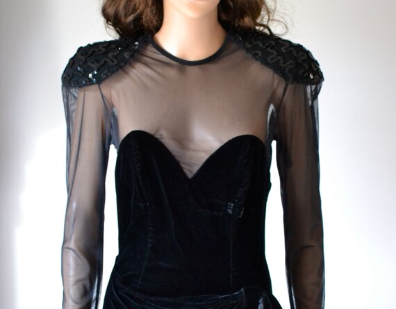 Vintage 90s Prom Dress Black Velvet Illusion Dres… - image 2