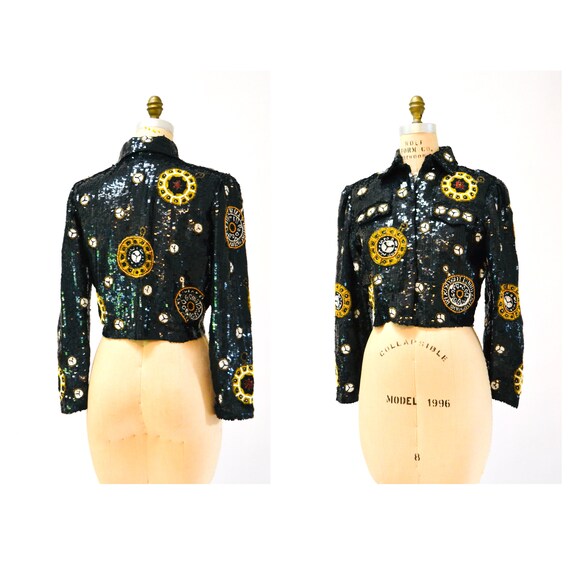 80s 90s Vintage Sequin Jacket Black Gold Metallic… - image 2