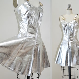 90s Metallic Silver Leather Party Dress Esotica Pelle// 90s Leather Dress Silver Club Party Tank Space Dress XXS XS Silver Dancer Dress