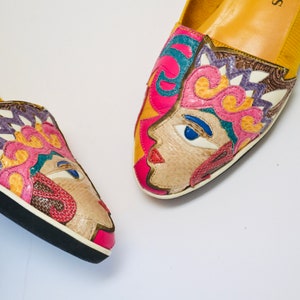 80s 90s Vintage Yellow Face Leather Flats by Gomez Rivas Size 7 1/2 8 yellow Rainbow Leather Shoes Flats Tropical Face Pop Art Leather Shoes image 5