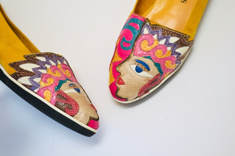 80s 90s Vintage Yellow Face Leather Flats by Gomez Rivas Size 7 1/2 8 yellow Rainbow Leather Shoes Flats Tropical Face Pop Art Leather Shoes image 5