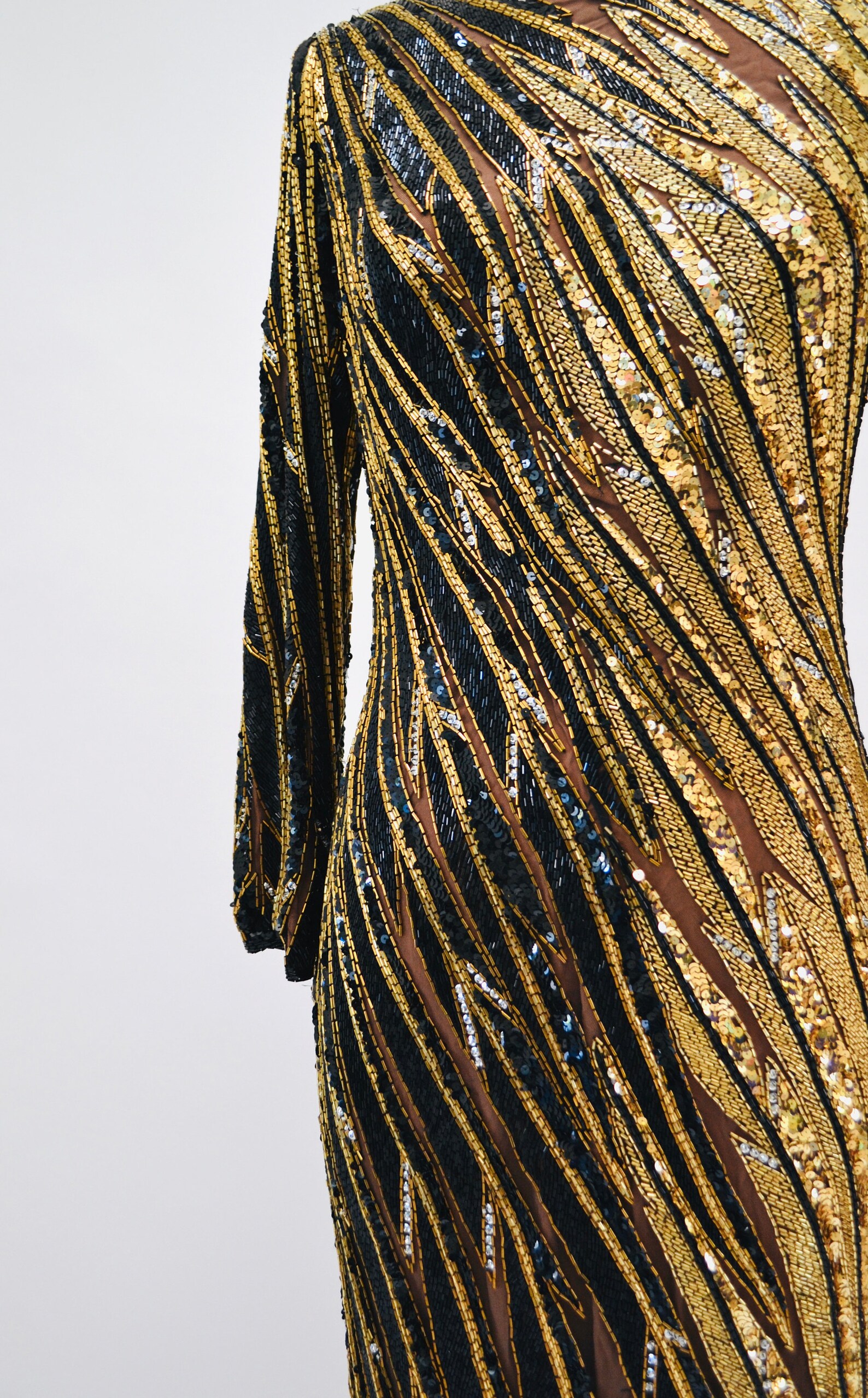80s 90s Vintage Black Gold Beaded Sequin Gown Dress Bob Mackie Gold 