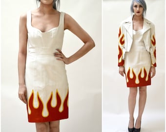 Stunning White Leather Dress by Michael Hoban North Beach// 90s Vintage Leather Dress White with Flames Small Medium Biker Dress