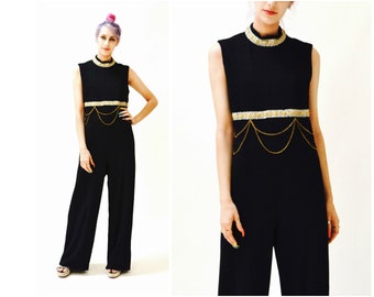 70s Vintage Black Jumpsuit Medium Large Metallic Gold Knit By Ricky Ann// 70s Vintage Jumpsuit Pantsuit Black Metallic Chain Trim