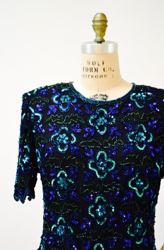 Vintage Black Sequin Shirt top Large XL Black blu… - image 3