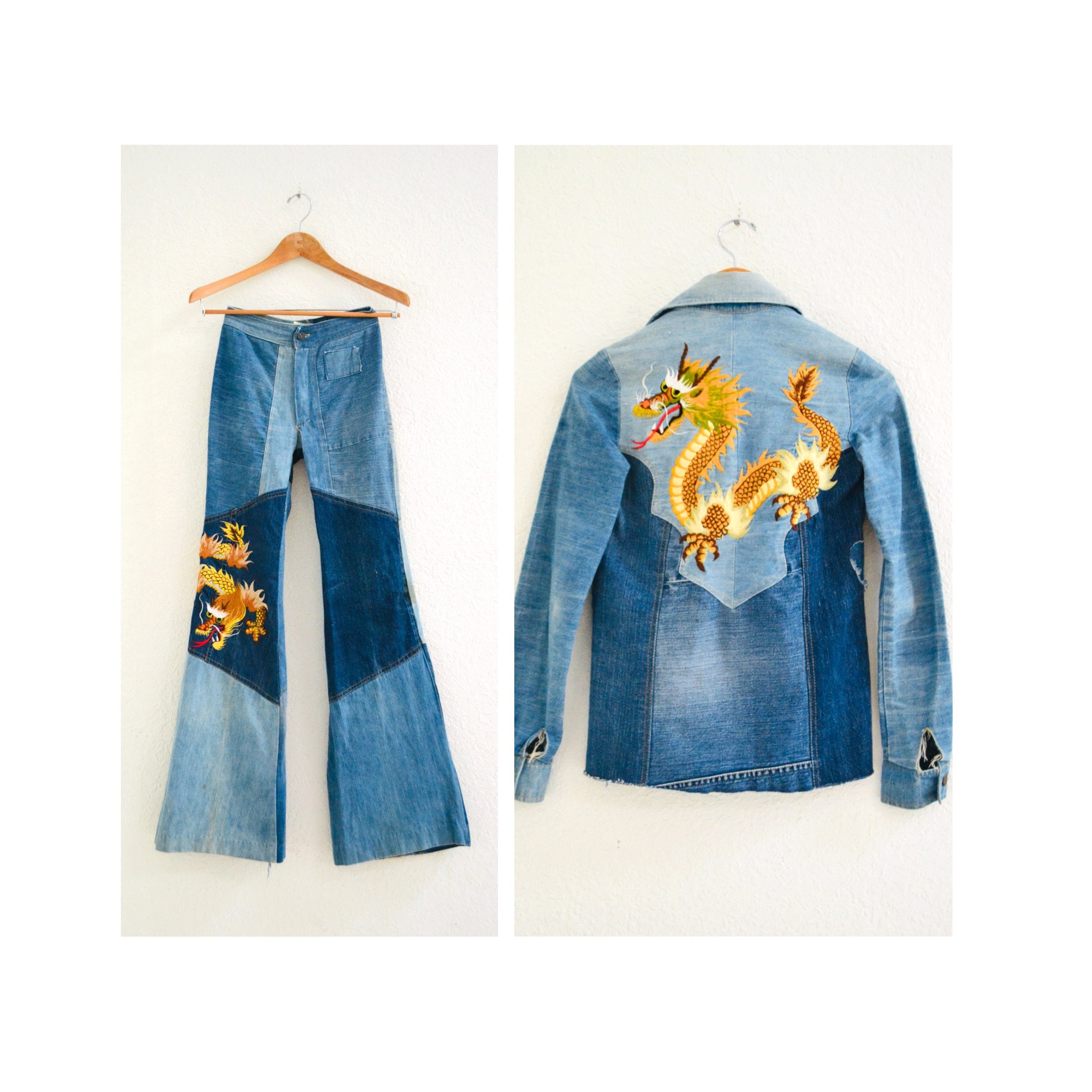 70s Authentic Vintage Patchwork Denim Shirt Bell Bottom 70s Authentic Vintage Patchwork Denim Shirt Bell Bottom