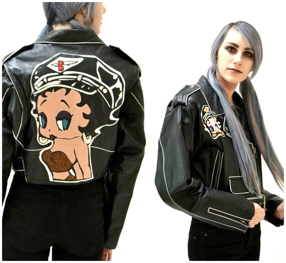 Vintage Black Leather Motorcycle Jacket With Betty Boop Black