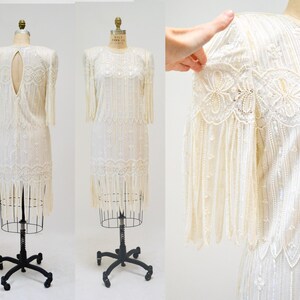 80s Does 20s Vintage Beaded Sequin Dress Cream Fringe Lace Dress Medium // Vintage Sequin Wedding Party Sequin Dress Mother of the Bride image 1