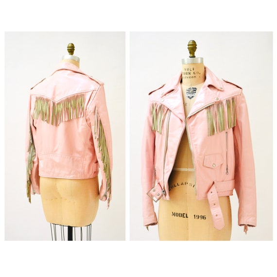 80s 90s Vintage PINK Leather Motorcycle Jacket Pa… - image 3