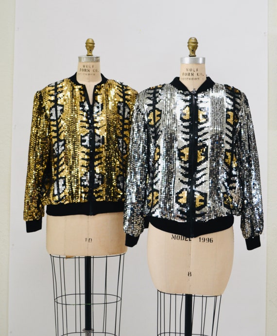 Vintage 80s 90s Silver Sequin Party Bomber Jacket… - image 8