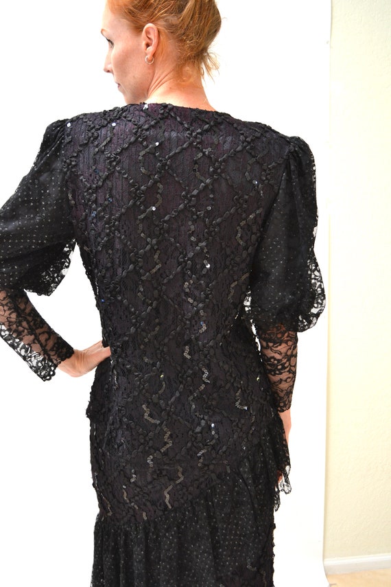 Vintage 80s Party black Dress Sequin Lace Dress S… - image 7