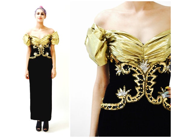 Vintage 80s Prom Dress Black Gold Evening Gown Ve… - image 2