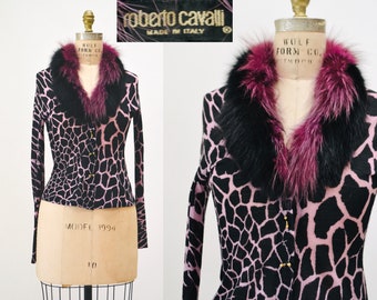 Vintage Roberto Cavalli Fox Fur Collar Cardigan Sweater Purple Black Animal Print Roberto Cavalli Sweater Top Small Medium Y2k Wool Cardigan