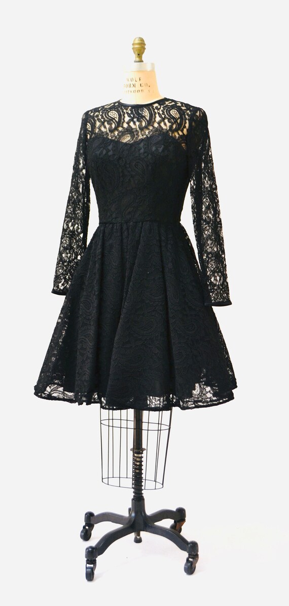 Vintage 80s 90s Black lace Dress Small Medium Lon… - image 3