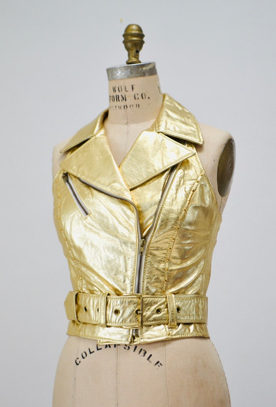 Amazing Vintage Studded Gold Leather Vest Size Me… - image 9