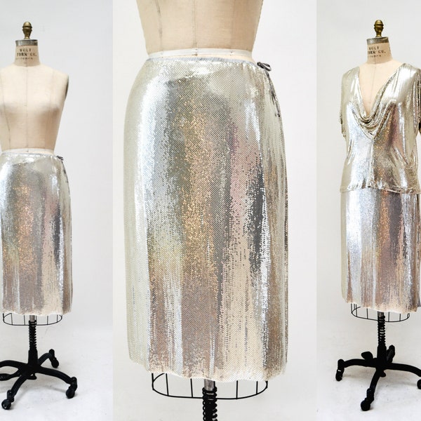 70s 80s Vintage silver Metal Mesh Skirt By Whiting & Davis Medium Silver Metallic Chainmail Silver Skirt Whiting and Davis Gold Metal