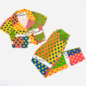 90s Vintage Moschino Jeans Polka Dot Suit Cropped Jacket Jeans Pants With Rainbow Polka Dot Print Size Small Medium Fashion Pop Art