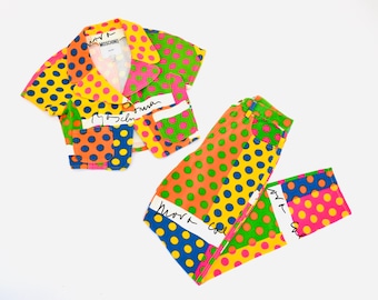90s Vintage Moschino Jeans Polka Dot Suit Cropped Jacket Jeans Pants With Rainbow Polka Dot Print Size Small Medium Fashion Pop Art