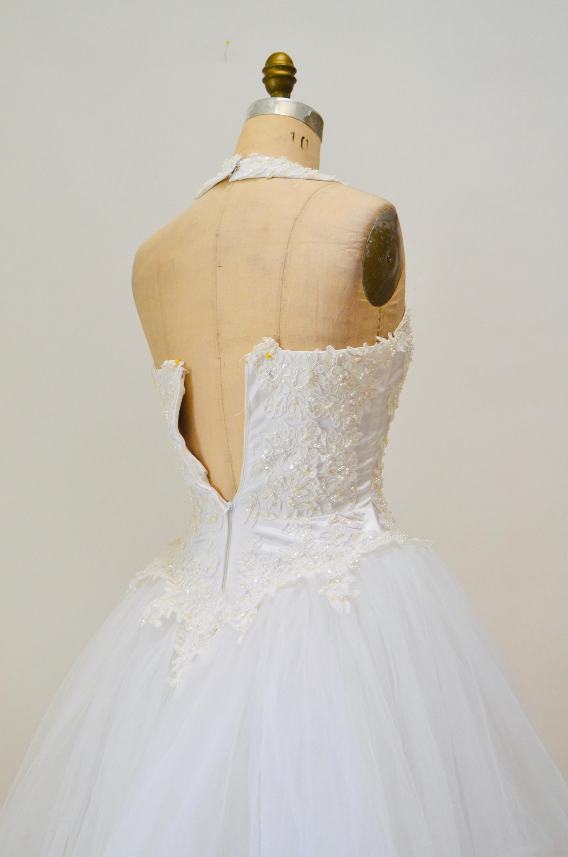 oleg cassini halter wedding dress Vintage 2000s Neck White Crinoline Tulle Princess Wedding GOWN XS Small Sleeveless Wedding Dress With Veil CAMO