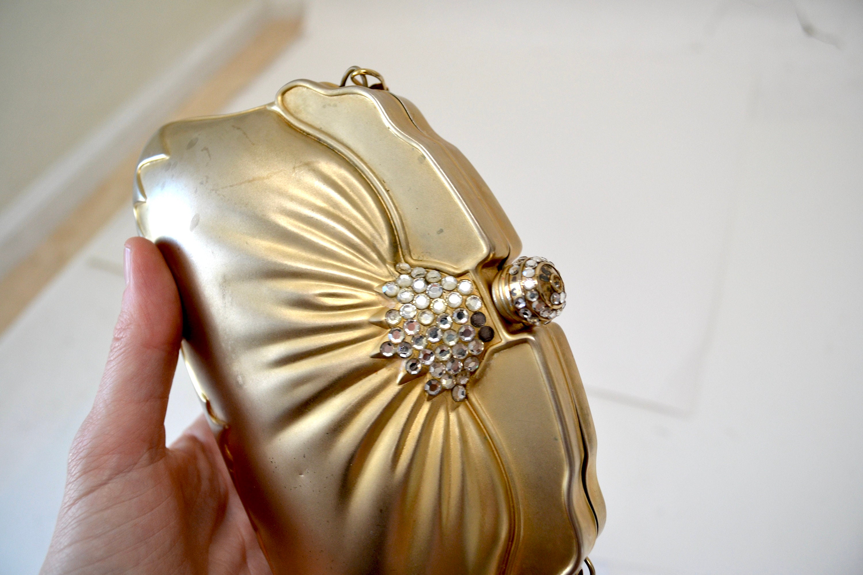 90s Vintage Metallic Gold Metal Clutch Evening Bag Hard Case