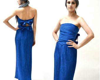 70s Vintage Blue Strapless Evening Gown Dress Small XS Cobalt Blue Chishom Halle Mary McFadden// 70s Vintage Blue Long strapless Dress XS