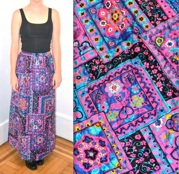 70s Vintage Boho Printed Skirt Quilted Long Maxi … - image 2