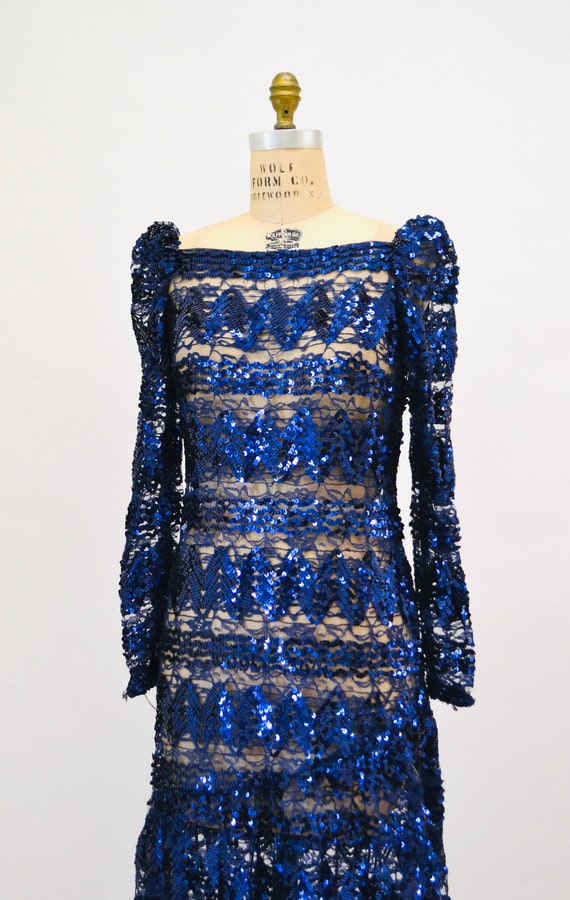 Vintage 80s 90s Lace Sequin Dress Metallic Blue  … - image 4