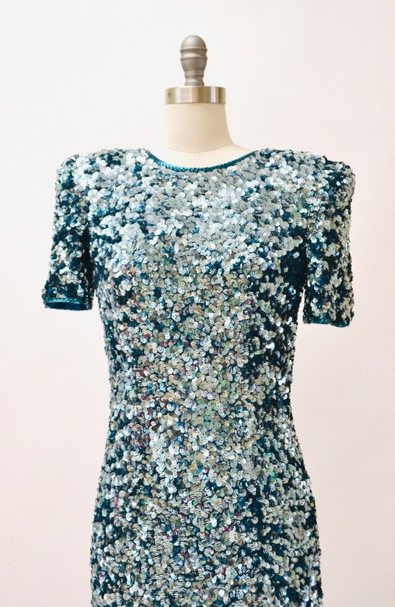 80s 90s Glam Vintage Blue Sequin Dress Size Small… - image 4