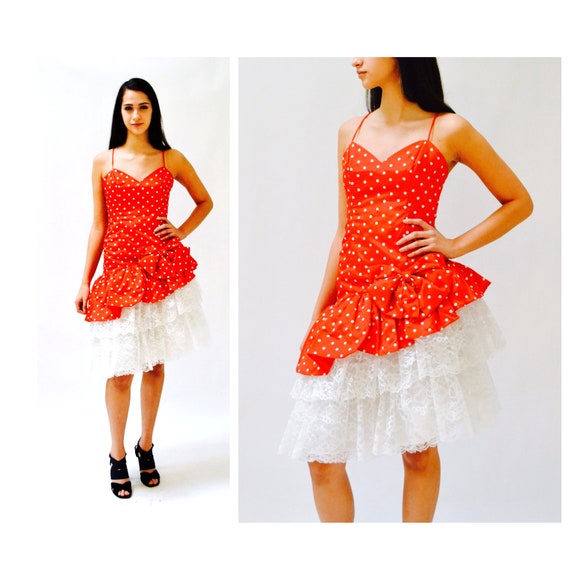 80s Prom Dress Red Polka Dot Party Dress Xs Small Loralie // 80s Red Prom Dress Minnie Mouse Polka Dot Dress Lace Crinoline Skirt Xs Small