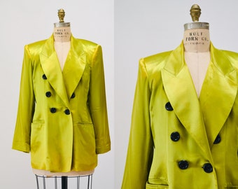 Blazer veste en satin vert lime des années 90 vintage veste en satin vert moyenne par Criscione / / Blazer veste de soirée de mariage vert vintage des années 90